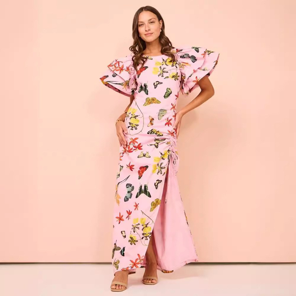 dress up high quality treasure women's personalized graffiti lotus sleeve split drawstring dress celebrity high-end dress