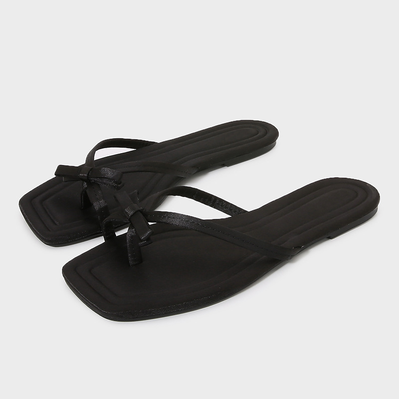 Za Flip-Flops Women's 2024 Summer New Style Bow Flip-Flops Square Toe Flats Slippers Beach Sandals for Outer Wear