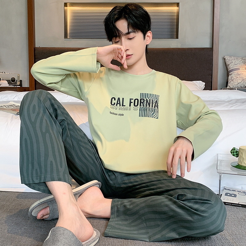 High-end men's pajamas cotton long sleeve young students spring and autumn new plus size home clothes suit can be worn outside winter