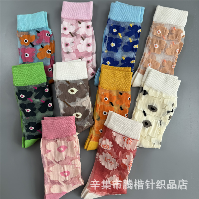 New Finnish Marime Flower Socks Spring and Summer Ultra-thin Glass Silk Breathable Cotton Bottom Happy Mid-height Socks for Women