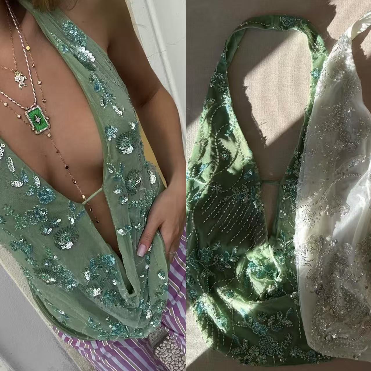 2025 Spring/Summer Amazon Ins Cross-Border Women's Sexy Backless Halter Neck Swing Collar Sequin V-Neck Top
