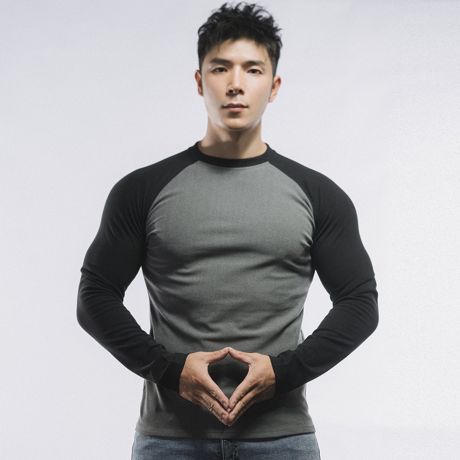 Autumn and winter new men's sports leisure running fitness training round neck T-shirt color matching double-sided velvet comfortable long sleeve