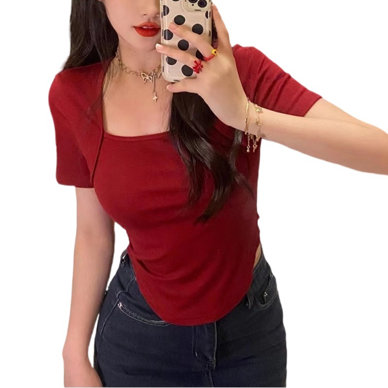 Summer Pure Desire Niche Irregular Design Slimming Square Collar Short-sleeved T-shirt Slim-fit Spice Girls Short T-shirt Top