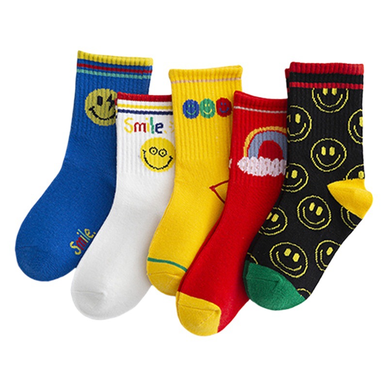 Children's Autumn and Winter High-Elastic Mid-Tube Socks for Boys with Cute Smiley Faces, Wholesale Manufacturer, Sweat-Absorbent and Breathable