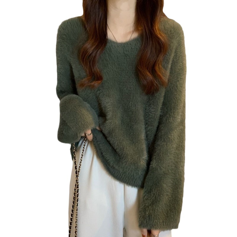 Picture of Loose Imitation Mink Velvet Knitwear for Women in Autumn and Winter, Thickeneded and Warm V-Neck with Long-Sleeved Bottoming Knitwear Top
