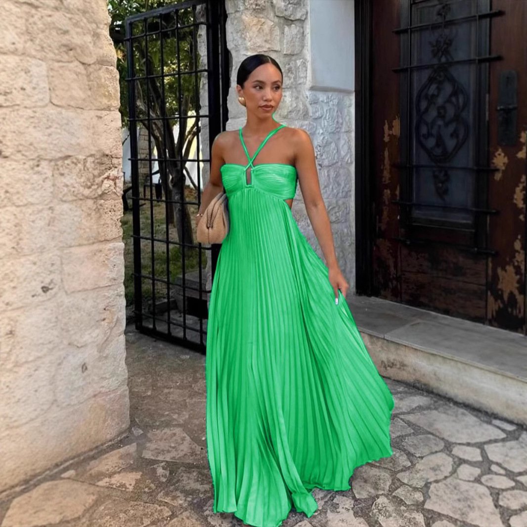 African Summer Hanging Neck Dress Summer European and American Pleated Sleeveless Tube Top Halterneck Long Dress