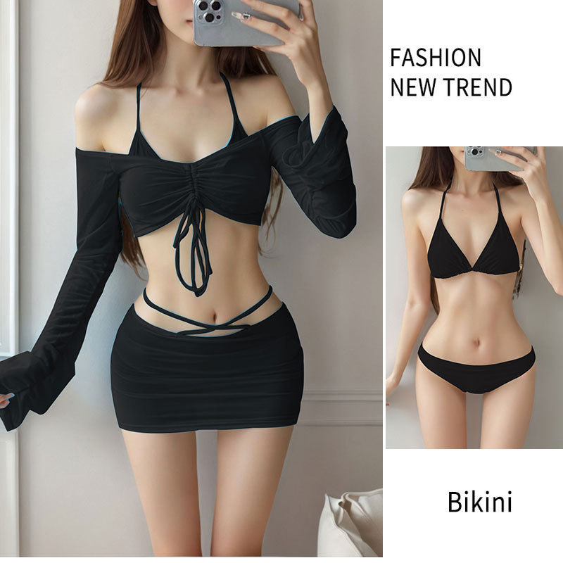 Bikini Swimsuit Women's 2024 New Split Four-piece Set Pure Desire High-grade Sexy Small Chest Gathering for Seaside Vacation