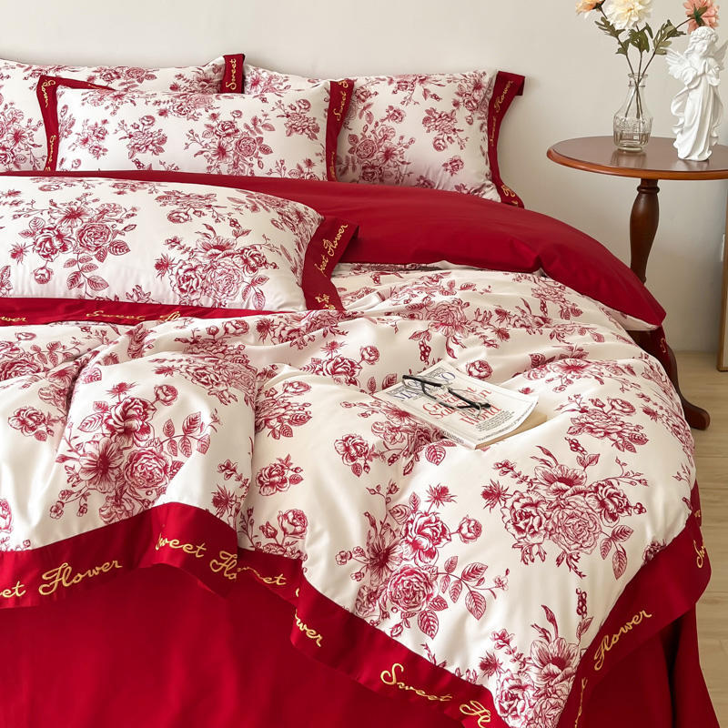 Picture of High-end European-style Wedding Four-piece Cotton Big Red Embroidered Sanding Quilt Cover Wedding Bedding Accompanying Wedding Room