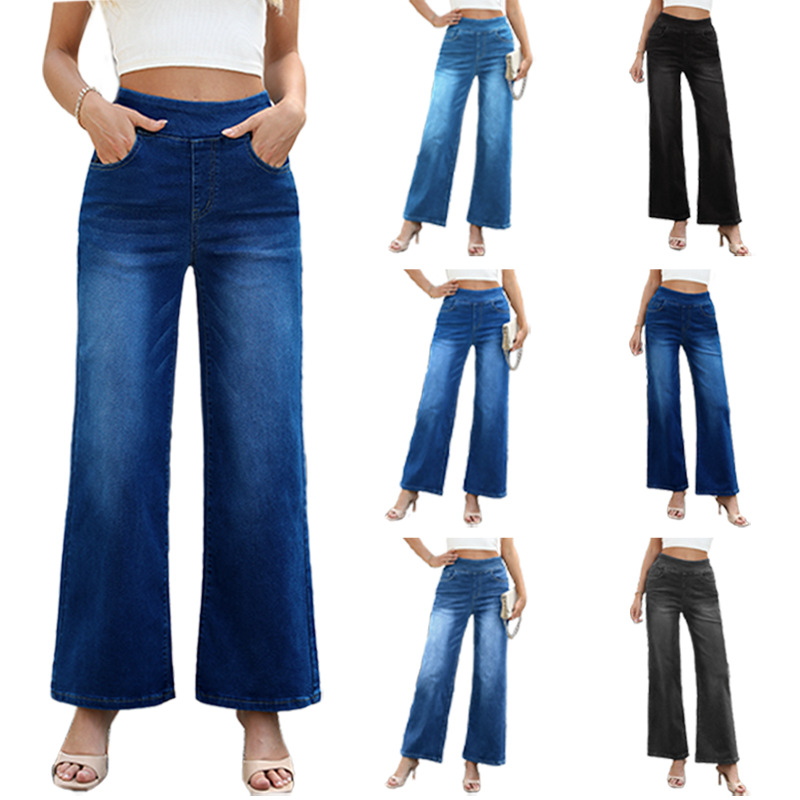 Cross-Border New Large Size Denim Wide-Leg Pants for Women, High-Waisted, Slimming, Multi-Pocket, Straight-Leg, Loose, Whiskered Casual Pants
