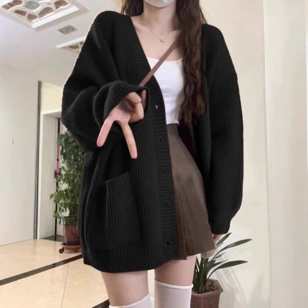 Autumn and winter lazy style retro Japanese knitted thin cardigan women's new sweater jacket Korean version loose basic midi style
