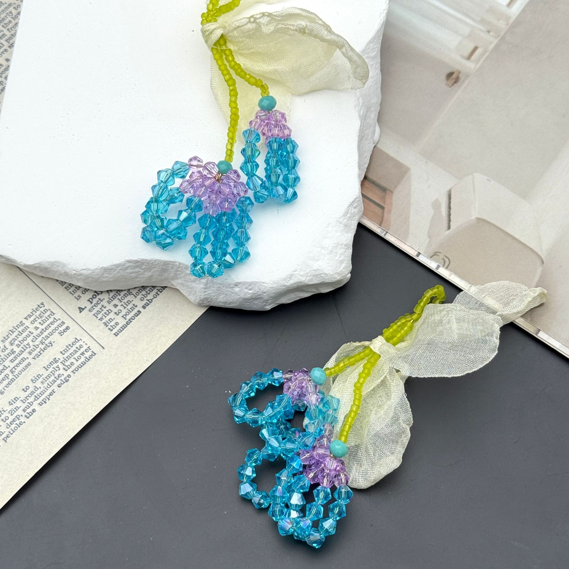 Picture of Woven long forest mesh pearl flower DIY handmade super fairy-like sweet little fresh high-end earrings