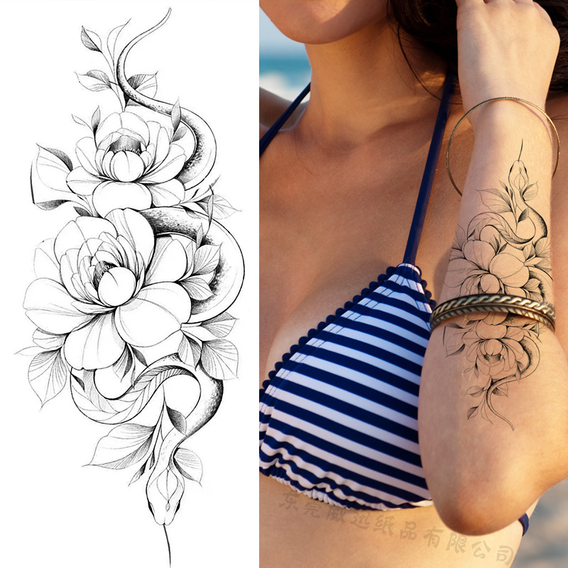 Picture of Cross-Border Supply of Sketch Flower Tattoo Stickers, Sketch Tattoo Stickers, Rose Flower Black and White Flower Tattoo