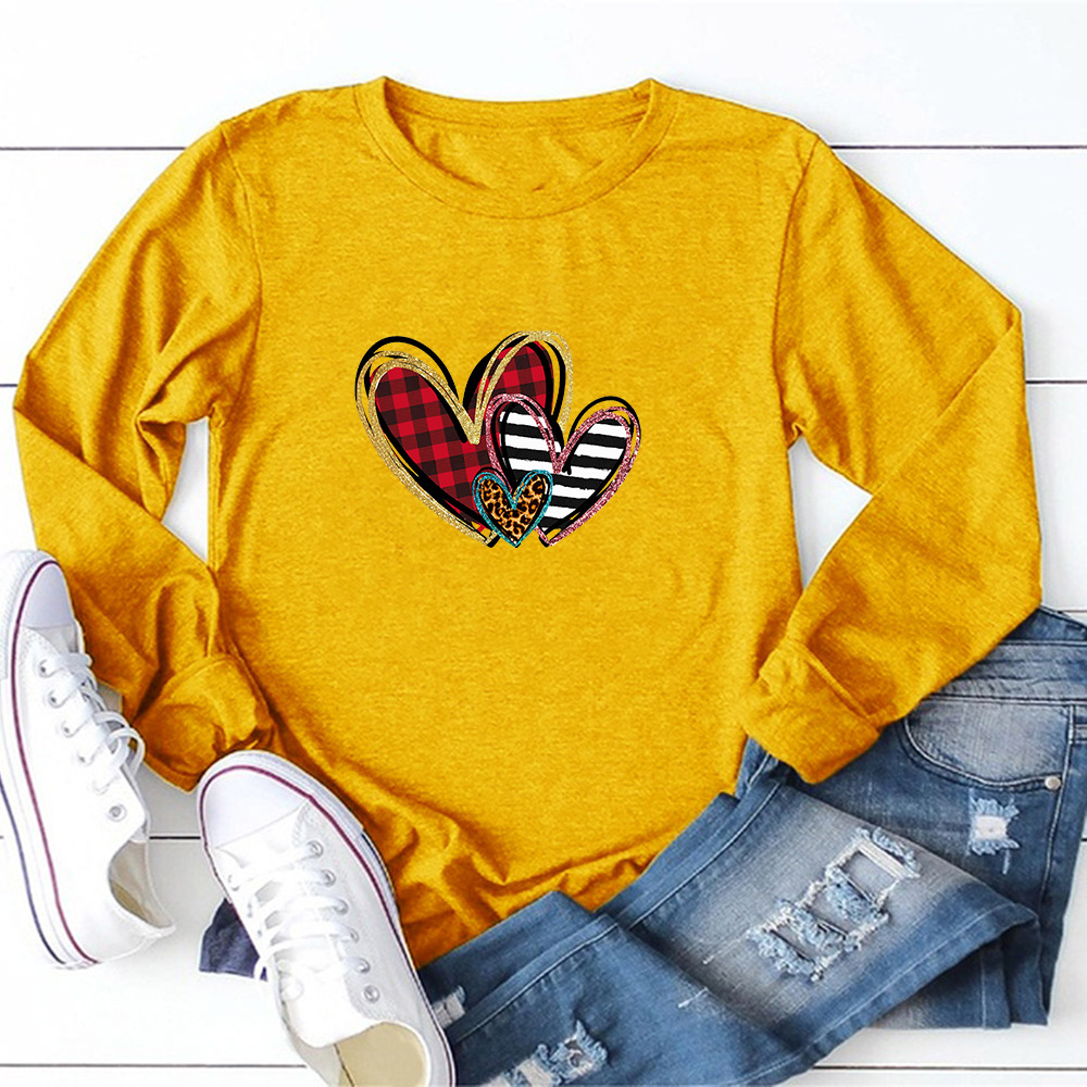 2021 Amazon Cross-border Valentine's Day Solid Color Long Sleeve Love Printed T-shirt Round Neck Casual Loose Top