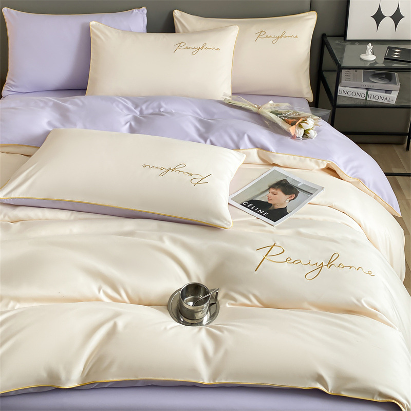 Picture of Solid color double four-piece set of style bed sheets home light luxury quilt cover washed cotton embroidered letter quilt cover three-piece set