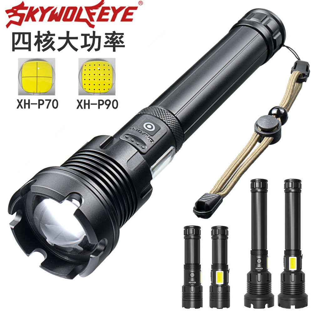 Cross-border new telescopic zoom P70 strong light Flashlight LED outdoor multifunctional P90 strong light rechargeable flashlight