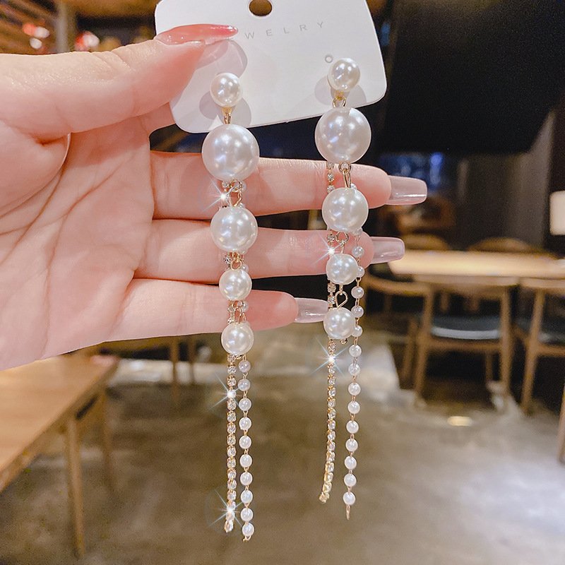 Picture of Dongdaemun s925 Silver Pin Earrings 2024 New Arrival Ear Drop Style Textured Internet Celebrity Ins Tassel Light Luxury Pearl Earrings
