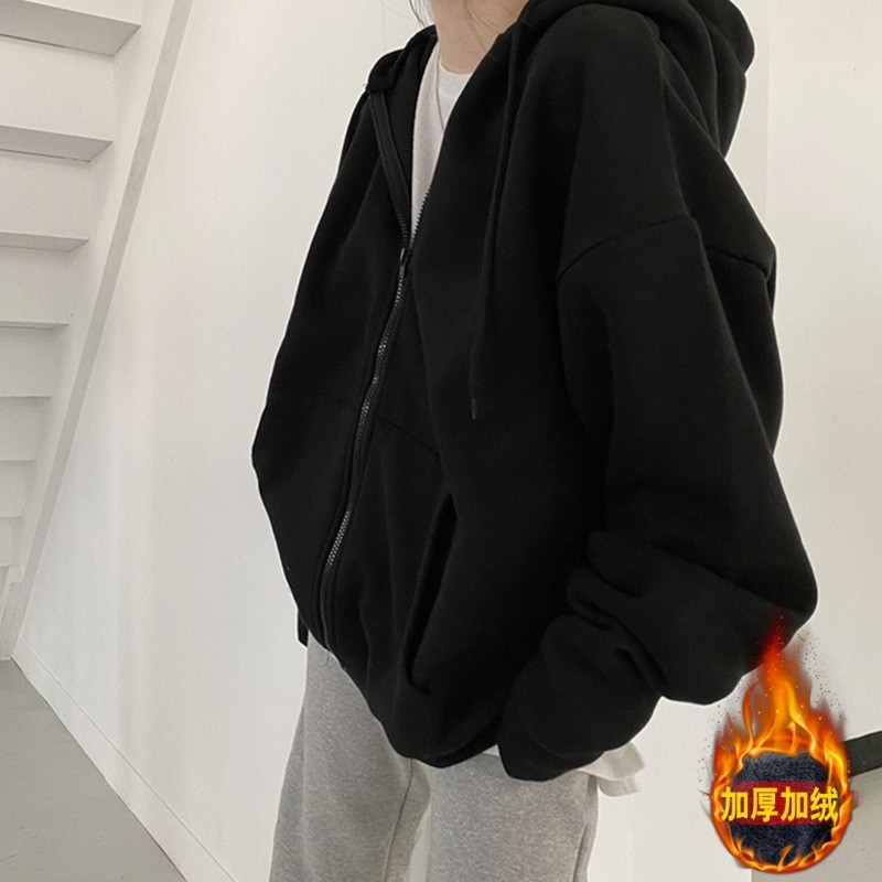 Picture of Fleece-lined thickened sweater New loose oversize sweater cardigan zipper couple coat women's new early spring and autumn