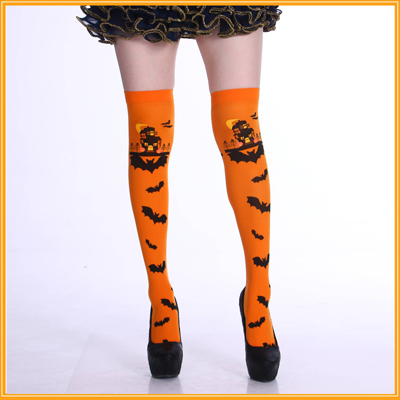 Picture of Cross Cross Cross Stockings Printing Halloween Socks Spider Web Over-the-Knee Socks Black White Lolita Stockings