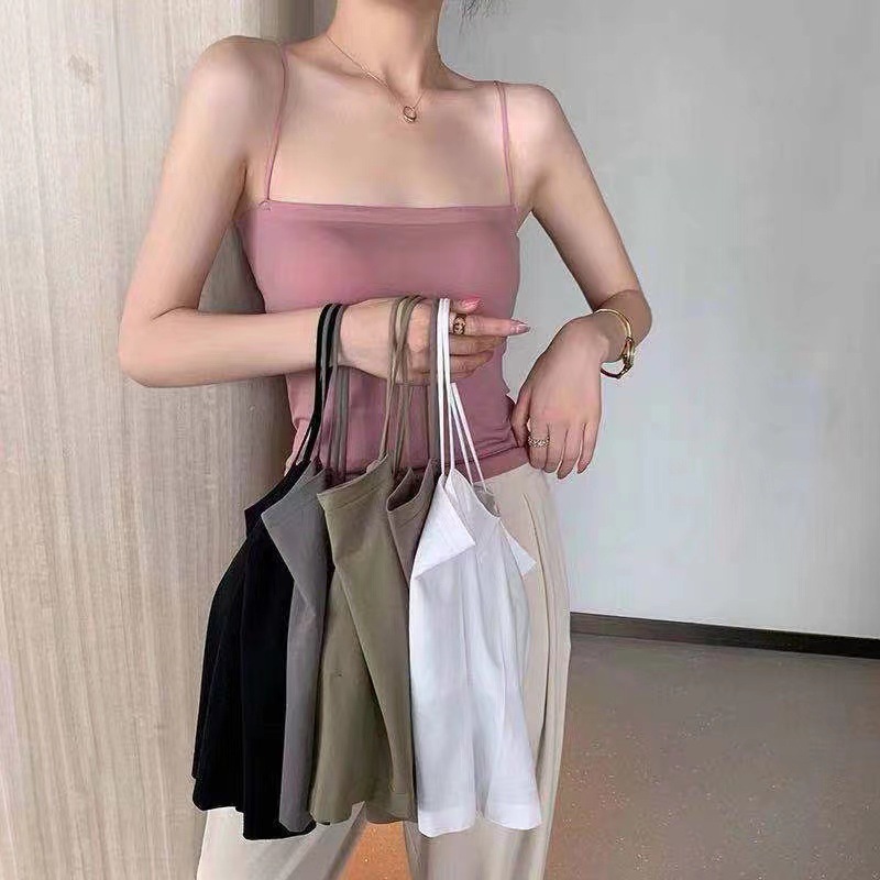 Picture of 2025 Ice Silk Seamless Oil Painting Girl Suspender Hot Girl Latex with Breast Pad Fixed Cup Wrapped Breast Tube Top Women Summer