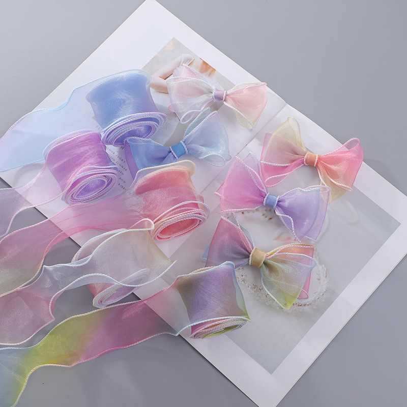 in stock 6cm Gradient Rainbow Edge-over Fishtail Yarn Hair Accessories Cake Jellyfish Lamp Ribbon Packaging Bow Ribbon