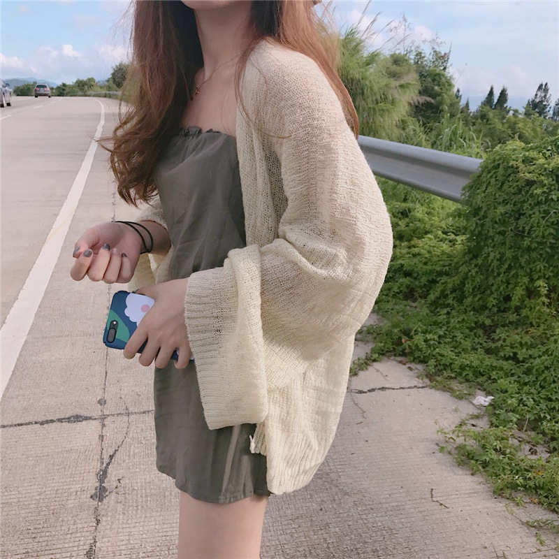 2024 Hong Kong Style Vintage Chic Style Lazy Loose Thin Long Sleeve Knitted Sweater Summer Slimming Sun Protection Cardigan Women