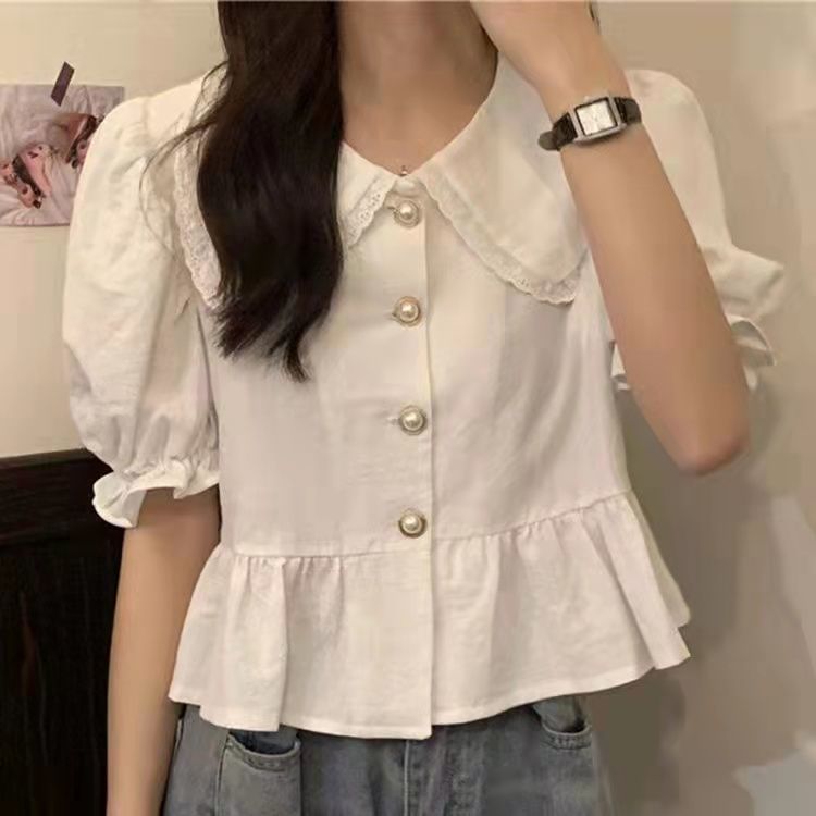 2024 Summer New Short Top Women's French Sweet Doll Collar Design Sense Puff Sleeve Shirt Loose Trendy