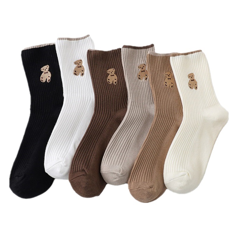 Socks Women's Autumn and Winter Explosions Double Needle Embroidered Bear Socks Middle Barrel Striped Women's Cotton Socks ins Trendy Japanese Stacked Socks