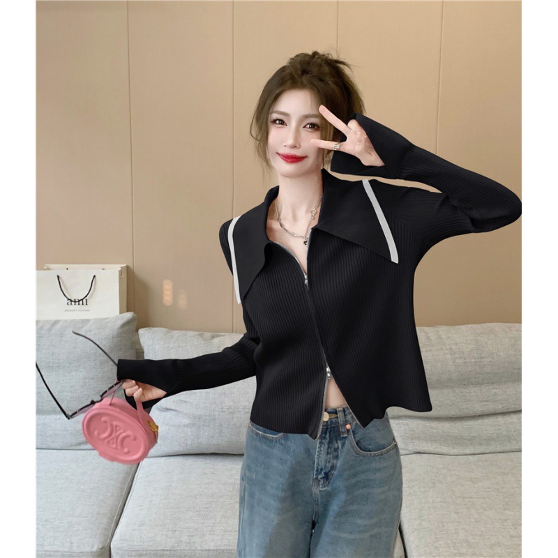 Picture of Autumn New Large Size Chubby Girl Large Lapel Double Head Zipper Design Short Loose Knitted Cardigan