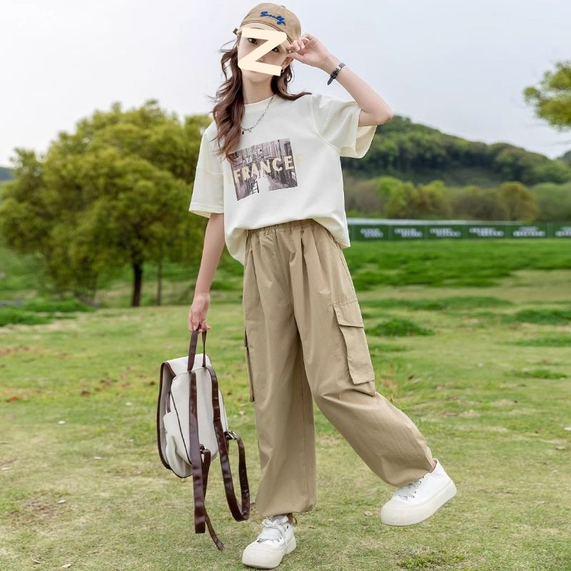 Girls' Summer Thin Work Pants suit 2024 New Children's Short-sleeved T-shirt Trousers Sports Two-piece Trendy