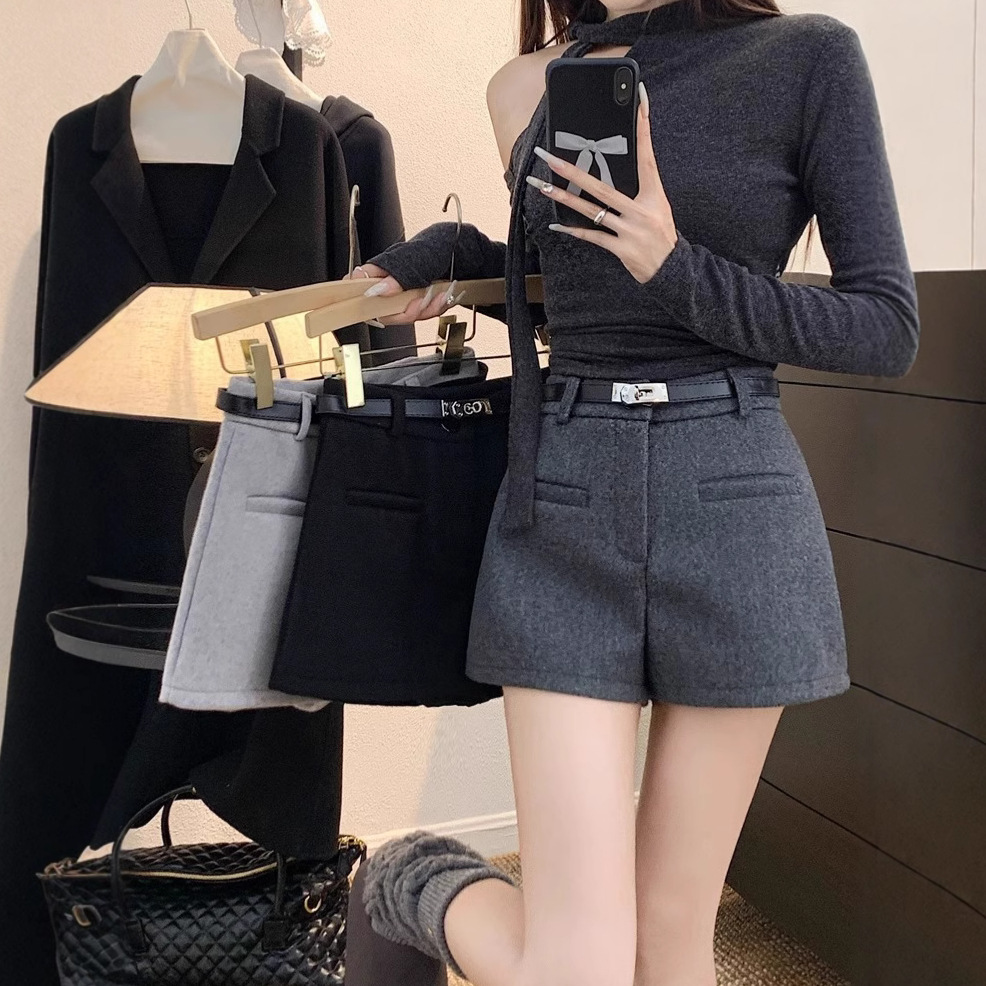 Grey Woolen Suit Shorts Women's Autumn and Winter Boots Pants Hot Girls High Waist A- line Wide Leg Pants Small Casual Pants