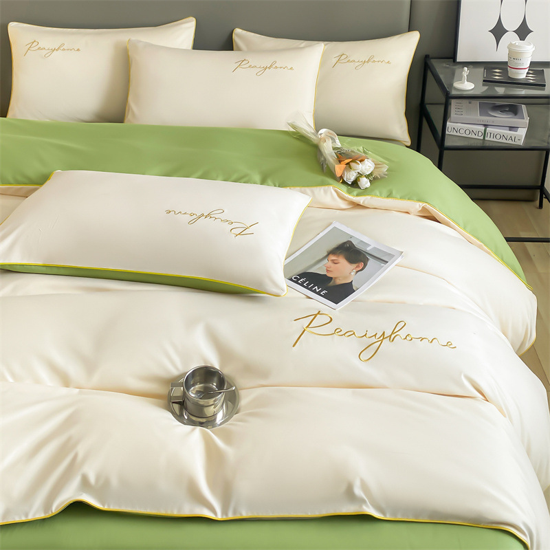 Picture of Solid color double four-piece set of style bed sheets home light luxury quilt cover washed cotton embroidered letter quilt cover three-piece set