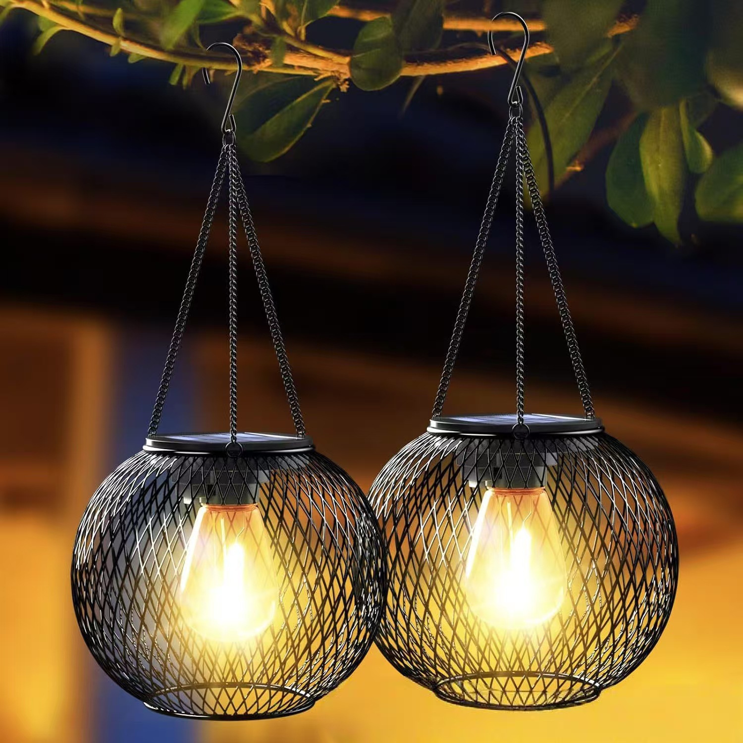 in stock Solar Iron Mesh Lantern LED Retro Bulb Garden Chandelier Metal Mesh Lantern Garden Landscape Light