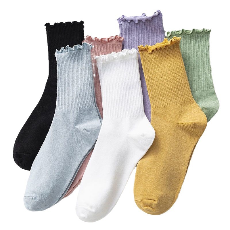 Picture of White lace socks women's mid-calf spring and autumn wooden ear socks ins trendy all-match college style Japanese jk pile socks