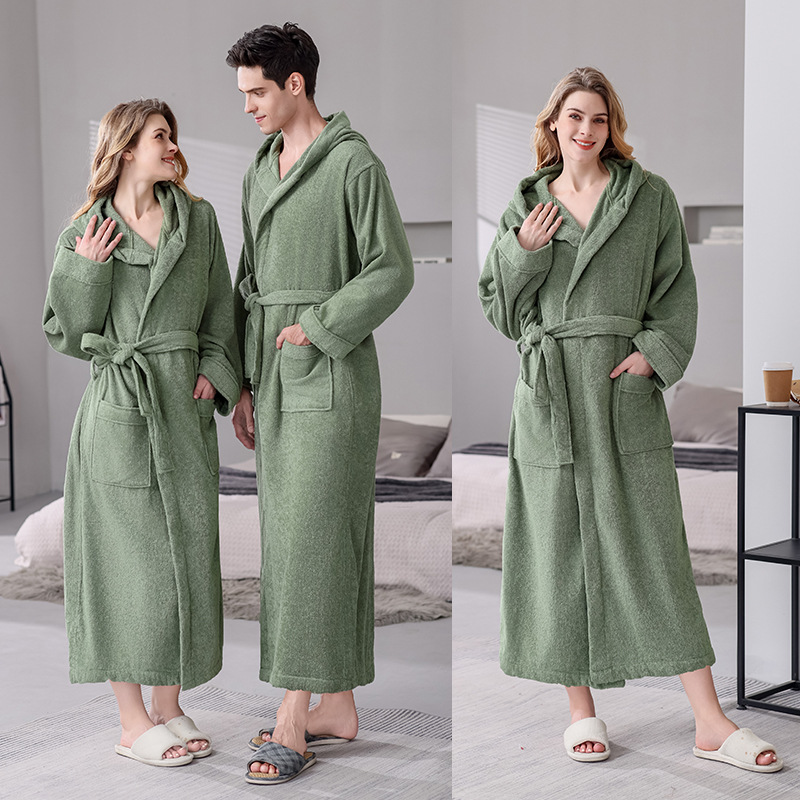 Cotton bathrobe hotel adult towel material hooded nightgown cotton couples spring and autumn long bathrobe logo wholesale