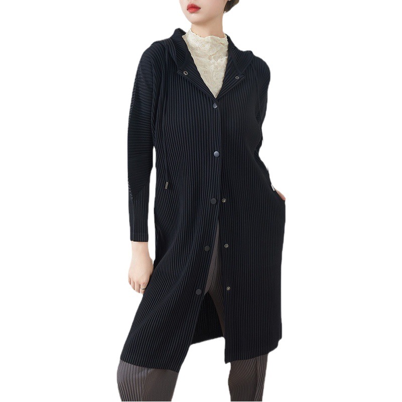 Pleated 2023 Autumn Miyake New Windbreaker Feminine Cardigan Hooded Slim Women's Mid-Length Large Size Jacket