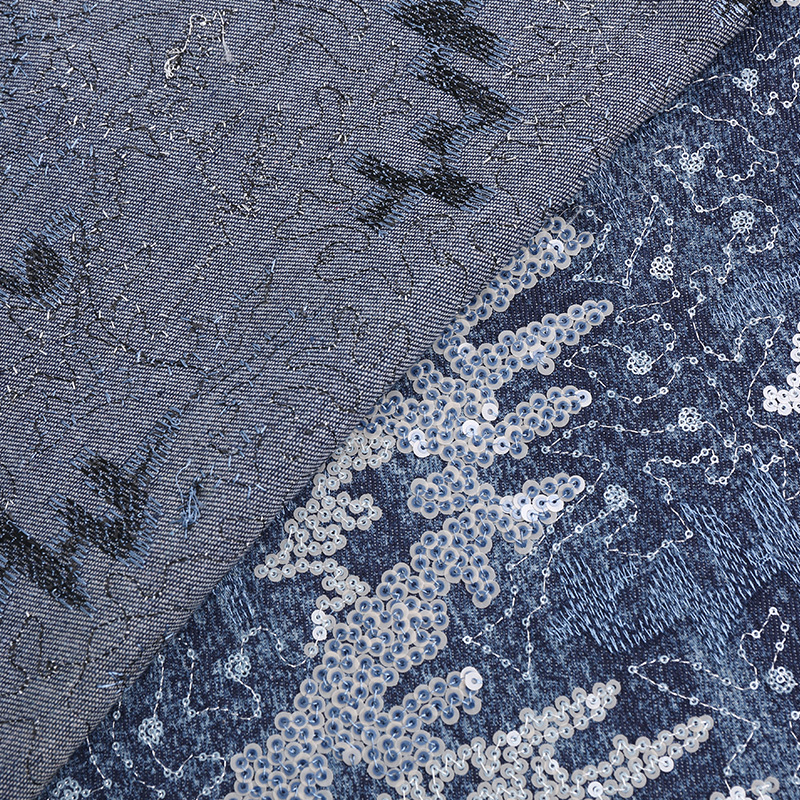 Picture of Washed Denim Sequin Embroidered Cloth Jumpsuit Skirt Shorts Fabric in stock Supply