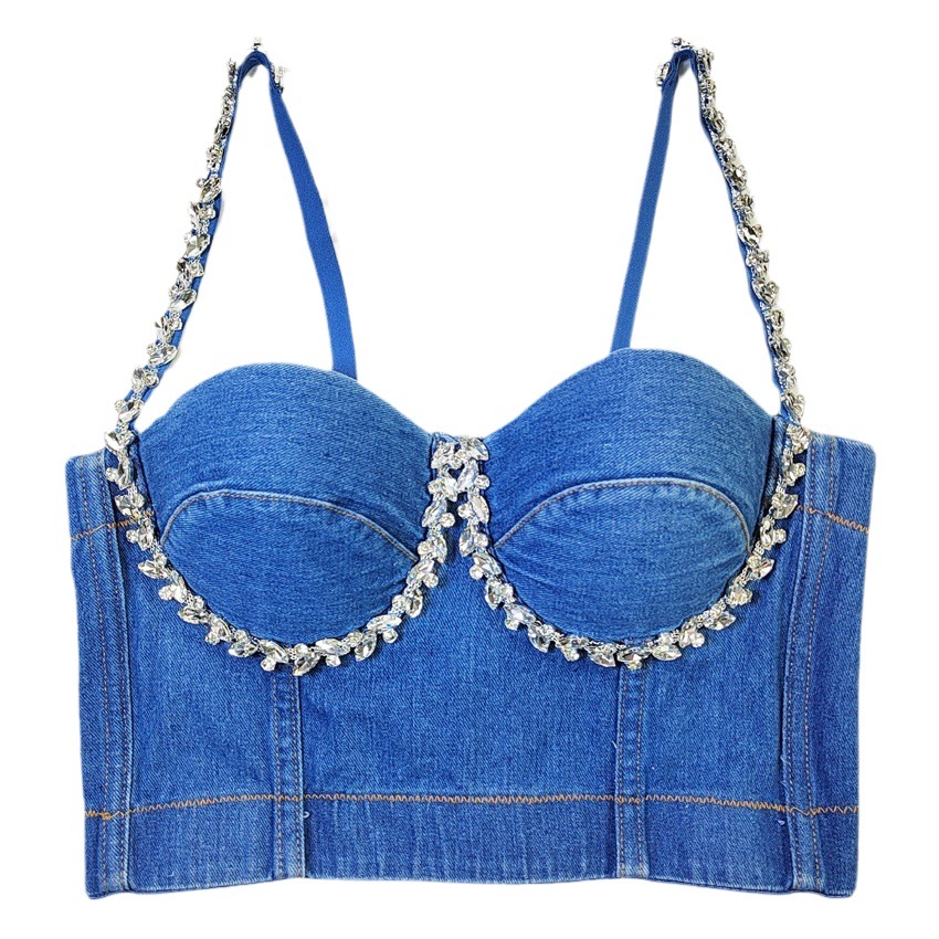 European and American cross-border foreign trade exclusive source manufacturer rhinestone beaded Denim bra outer wear sexy hot girl strap tube top