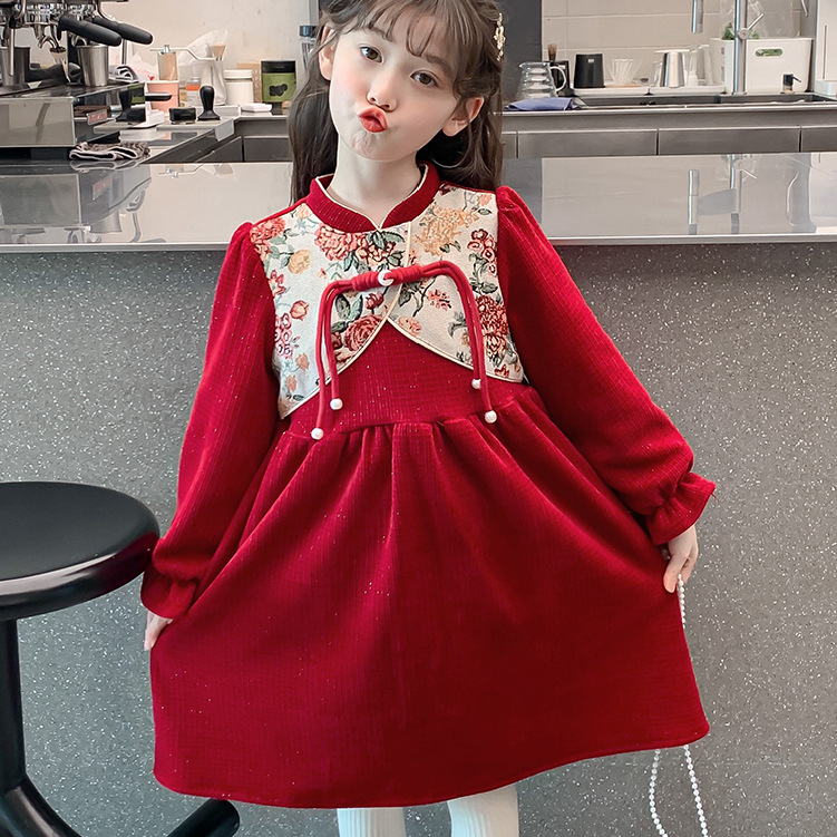 Girls' Cheongsam 2024 New Long Sleeve fleece-lined dress Children's New Chinese Style National Style Girl's Red Thickened Skirt