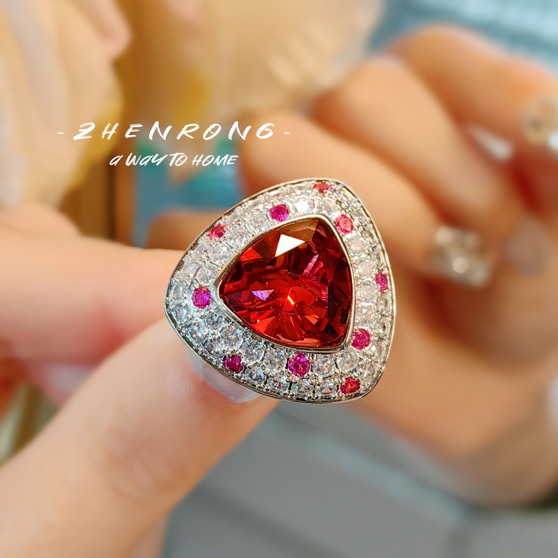 Picture of European and American socialite retro geometric fat triangle red diamond earrings artificial pigeon hemoglobin ring color treasure earrings suit