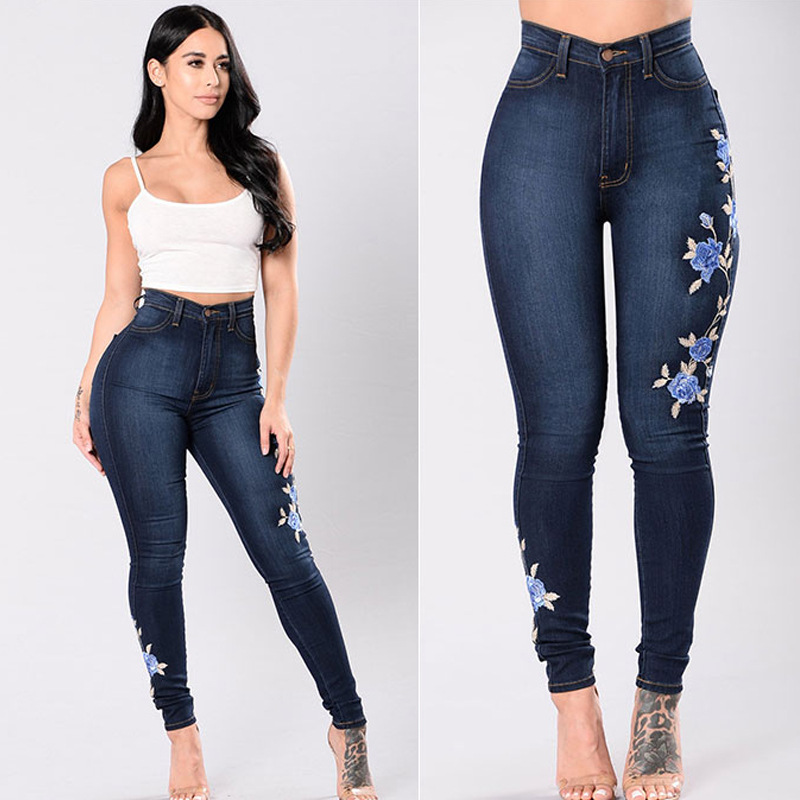 Ebay Amazon Hot Internet Red Jeans European and American Embroidered Stretch Pencil Pants Export Low Waist Pants for Women