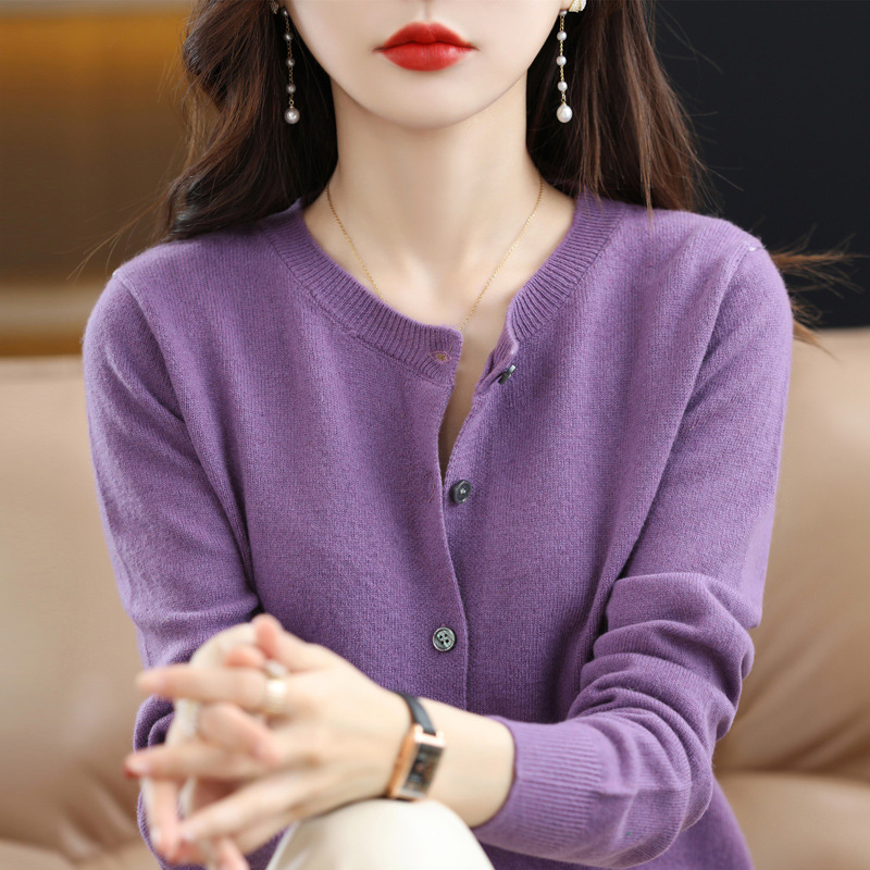 2025 new knitted cardigan early spring crew neck sweater women's long sleeve solid color Joker coat women's clothing a generation of hair