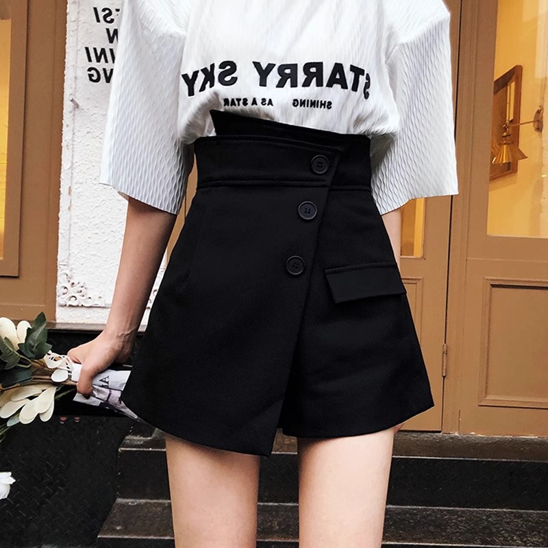 Black Wide-leg Suit Skirt Casual A- shaped Shorts Women's Design Sense Summer Thin High Waist Slimming All-match