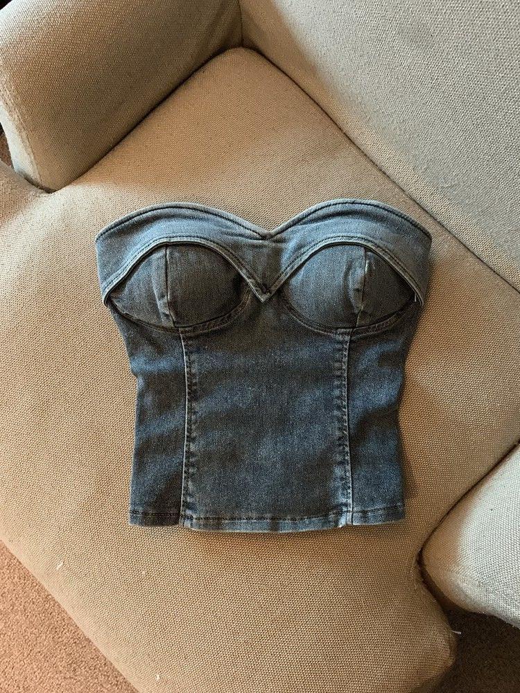 Picture of Fashion hot girl retro color Denim tube top women's summer 2023 new sweet cool all-match off-shoulder navel short top