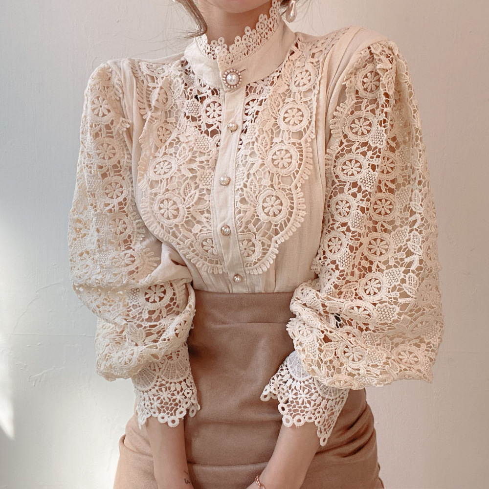 South Korea chic autumn French style versatile chic button heavy work lace hollow flower stitching long sleeve stand collar shirt