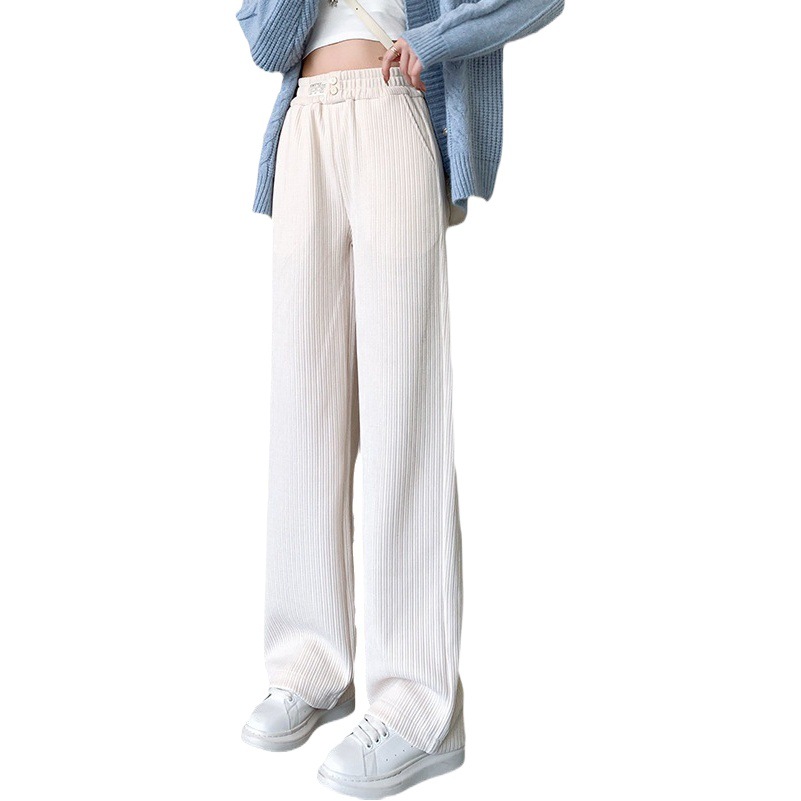 White Chenille Wide-Leg Pants for Women, Autumn and Winter High-End Style, Fleece-Lined Thickened Mochi Pants, Women's Wide-Leg Pants