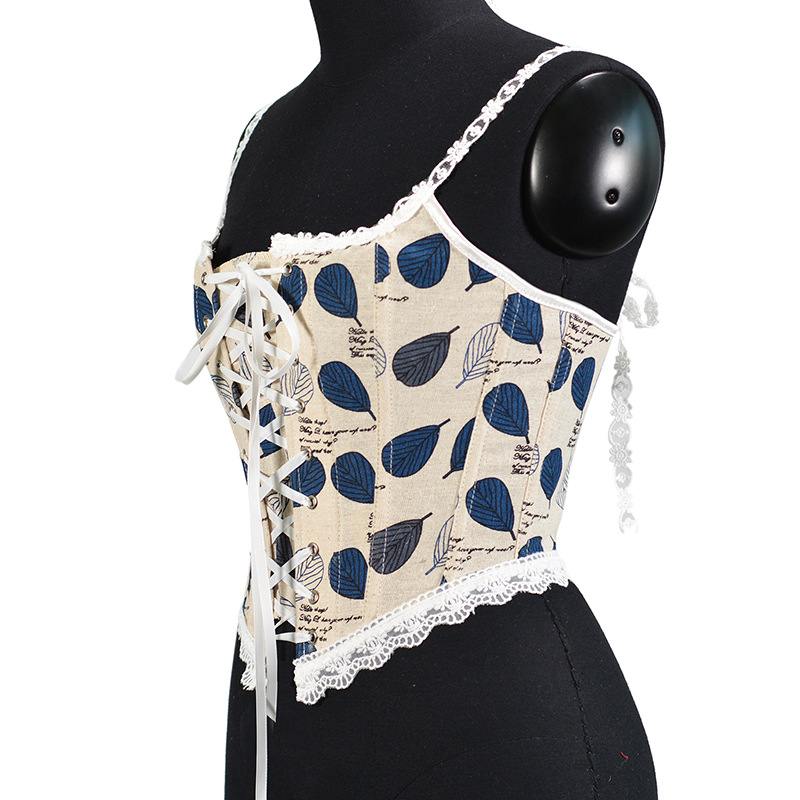 Picture of 21227 French Strap Corset Blue Ba Leaf Printed Lace Stacked Vest Women's Top
