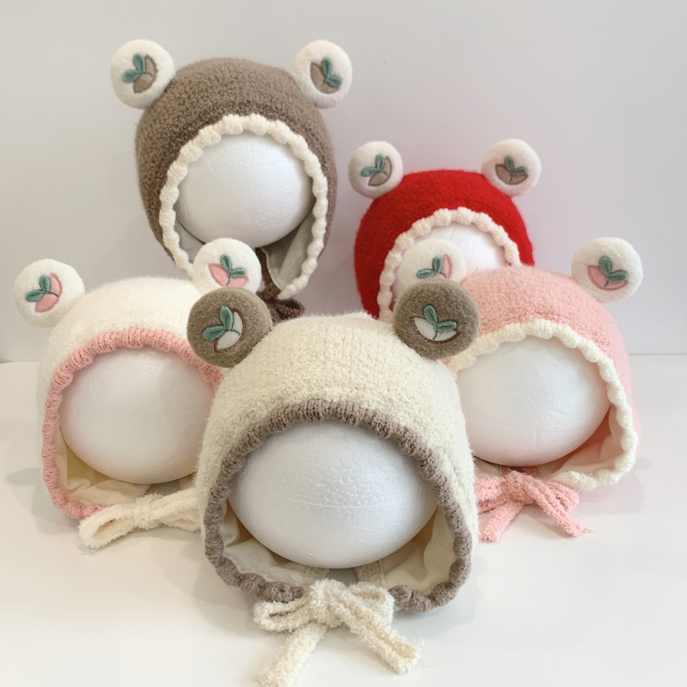 Small grass ears color matching edge baby hat autumn and winter wool hat baby knitted hat winter warm ear protection boy hat