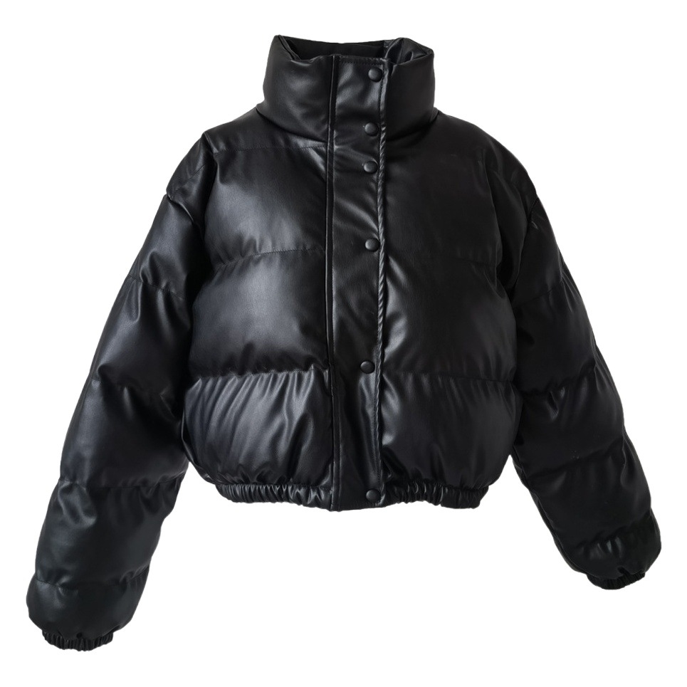 2025 Autumn and Winter New Cross-Border Leather Jacket Plus Size Women's Navel-Baring Stand-Up Collar Leather Cotton Jacket