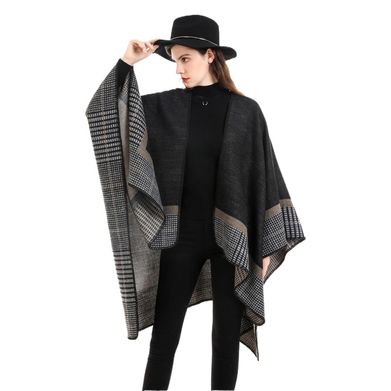 Women's Striped Small Square Cashmere Acrylic Warm Air Conditioning Shawl Sunshade Sunscreen Cloak Travel Cloak