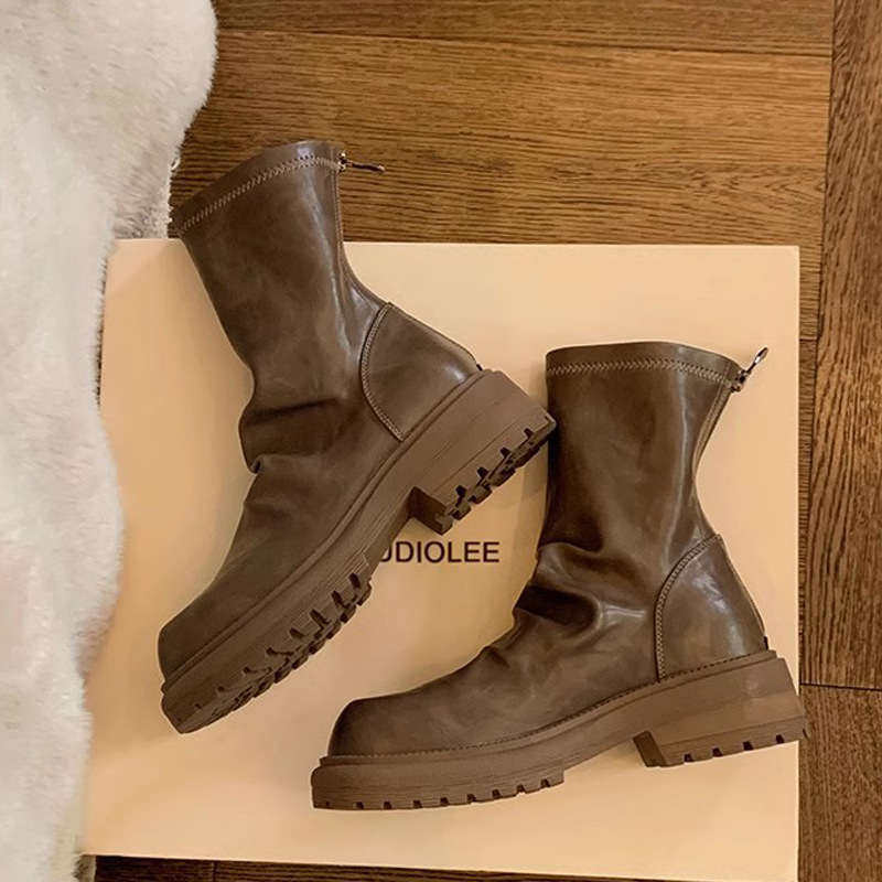 Grape Mom Autumn and Winter New Fashionable Thick Heel Thick Bottom Thin Boots Round Toe Pleated Zipper Heap Short Boots for Women